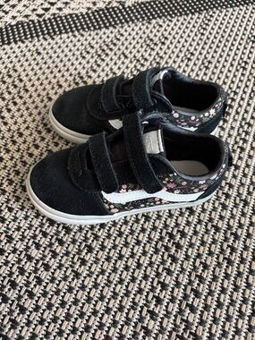 Vans Kids Black Sneakers with Pink Floral Trim and White Stripe